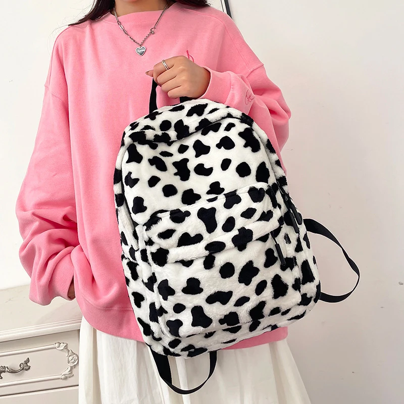 Leopard Print Fluffy Backpack Retro Cow Print Large Capacity Stylish Student Backpack Autumn/Winter Preppy Commuter Backpack