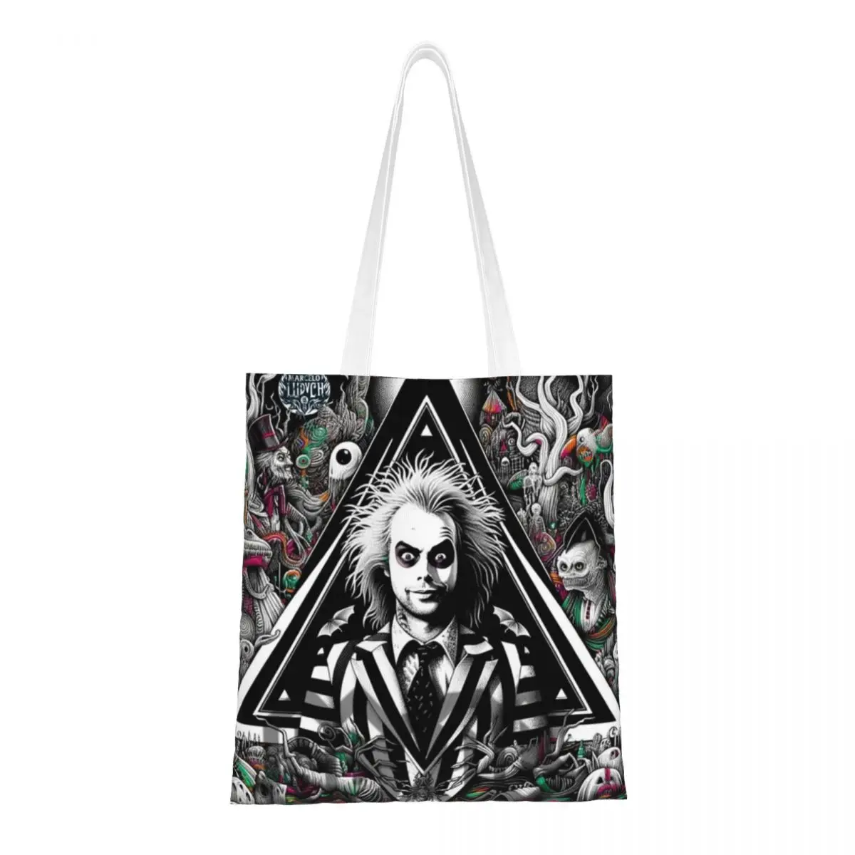 Custom Tim Burton Movie Beetlejuice Groceries Shopping Tote Bags Women Canvas Shopper Shoulder Bag Large Capacity Handbag