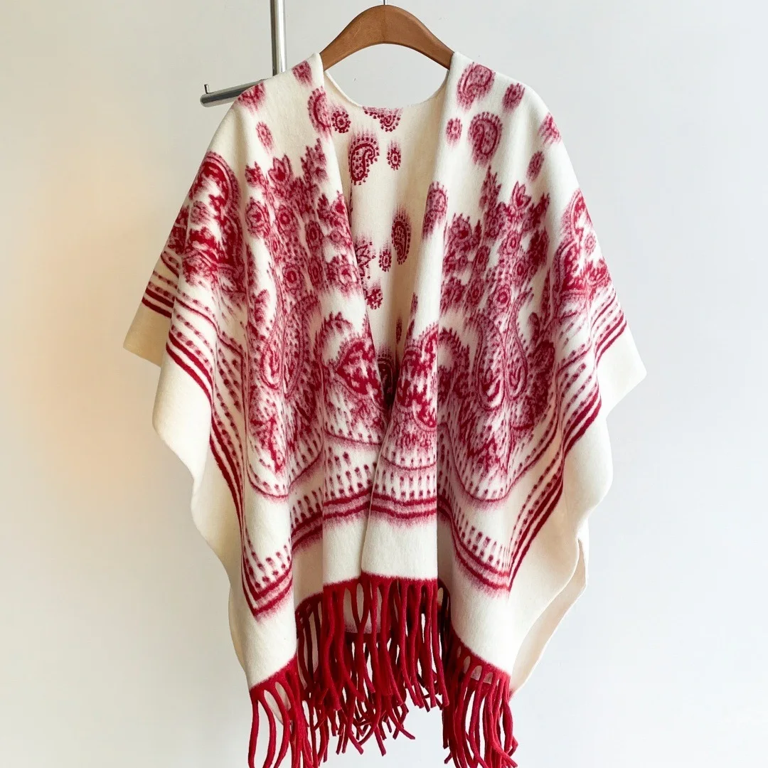 Luxury Paisley Fringed Cape Shawl Women Autumn Winter Thick Imitation Cashmere Open Front Oversized Outerwear Wrap Travel Wear
