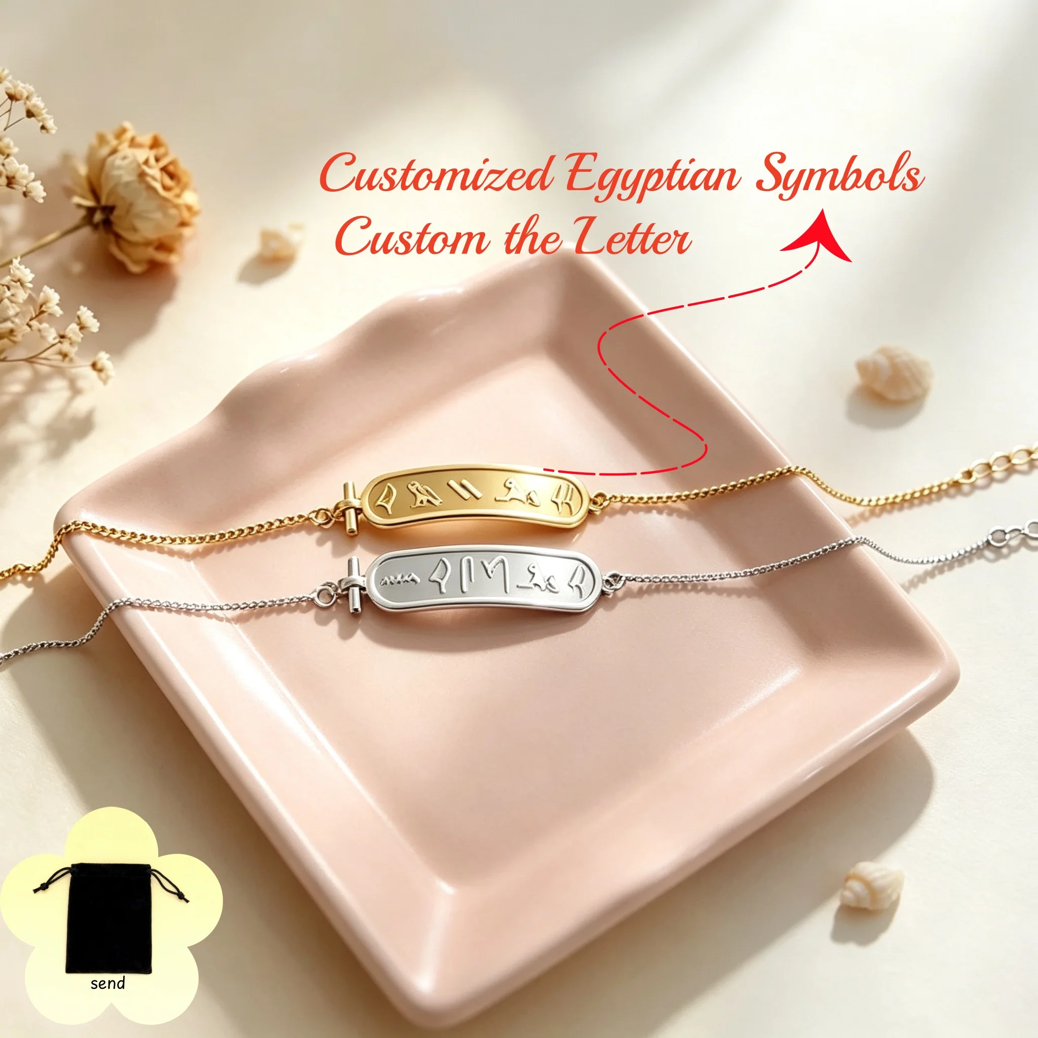 Customized Egyptian symbol name letter bracelet, stainless steel Egyptian hieroglyph symbol bracelet, trendy jewelry gift