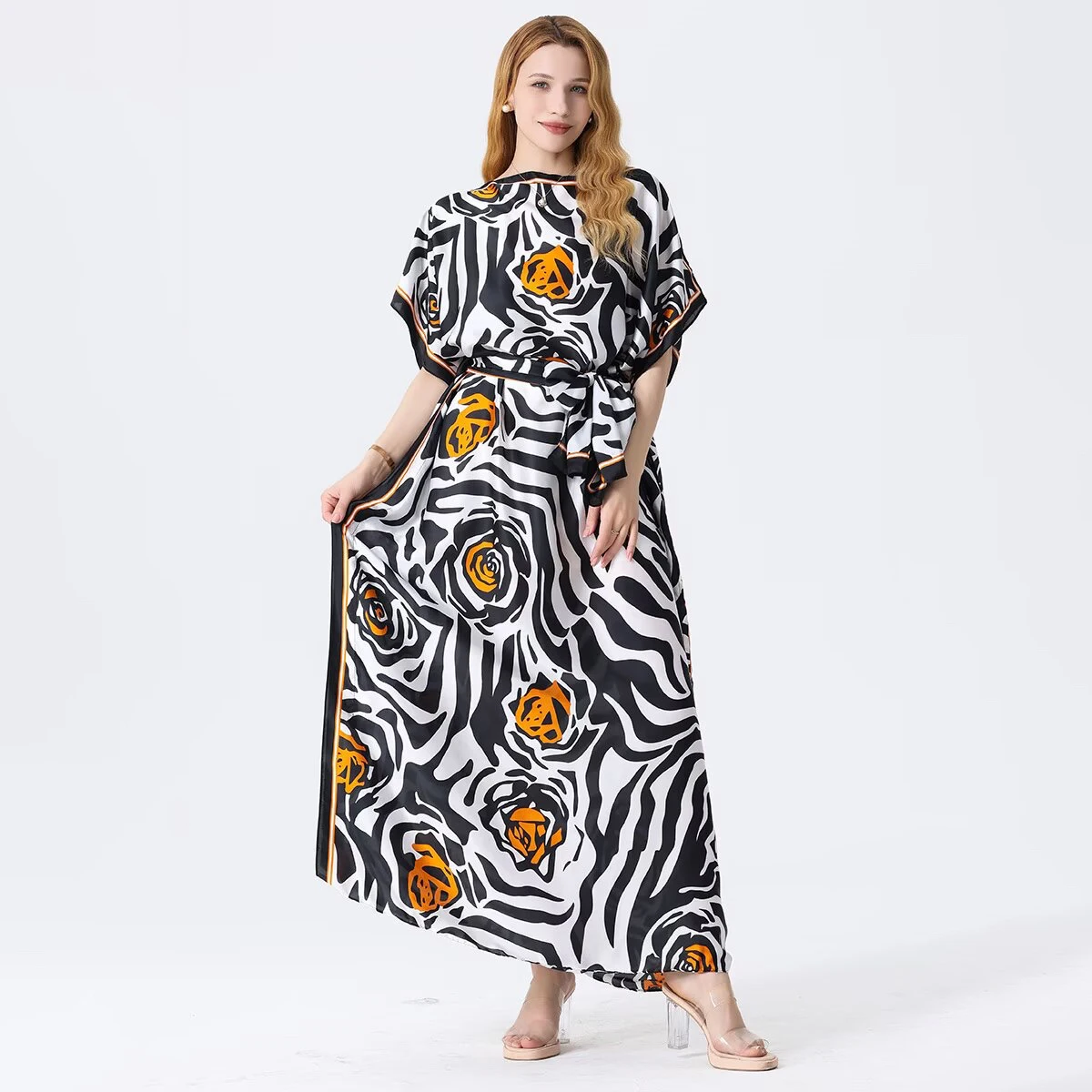 1 piece, colorful floral satin long dress, women's loose long dress, with the same color headscarf, fashionable beach robe view 3