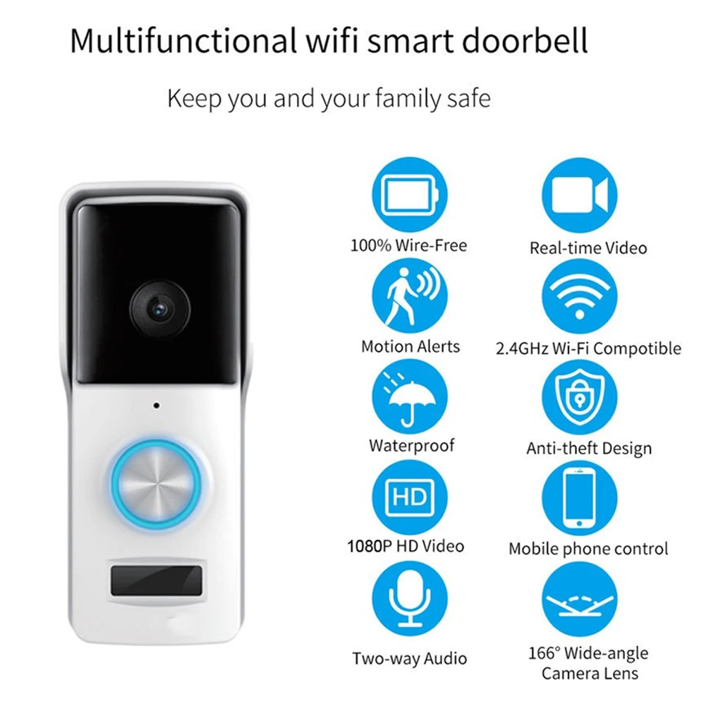 Smart Tuya Video Doorbell WiFi Wireless Door Bell DC AC Battery Powered HD 1080P Camera Work with Alexa Google for Home Security