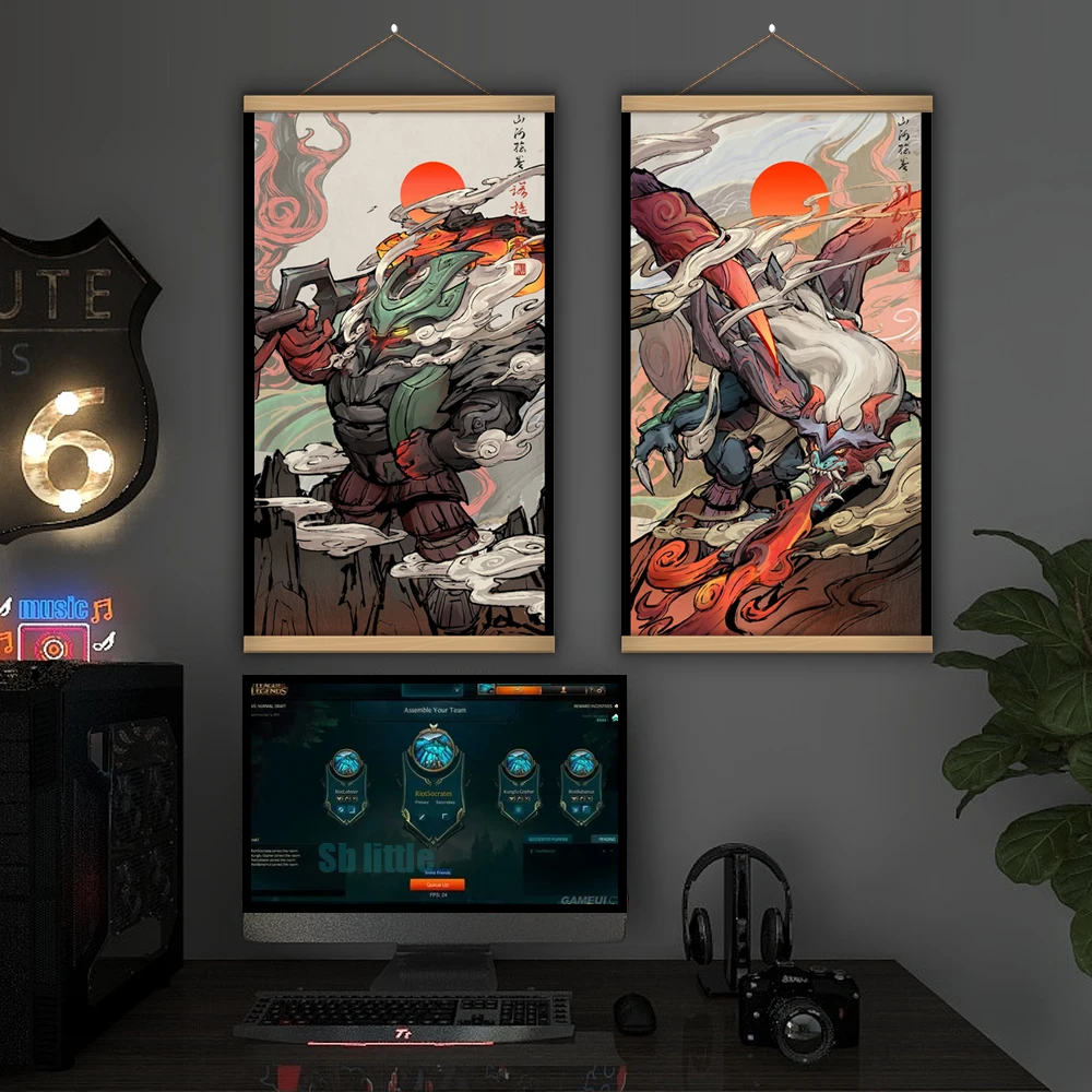 Shan Hai Scrolls LOL Game League Legends Jhin Nautilus japan Chinese Art Painting Poster  Decorative Tapestry Design Wall