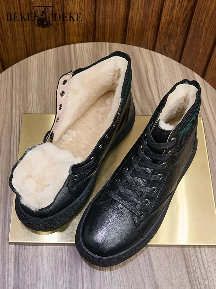 Mens Genuine Leather Snow Boots Thicken Warm Wool Liner Winter British Style Motorcycle Short Boots Platform High Top Shoes Male
