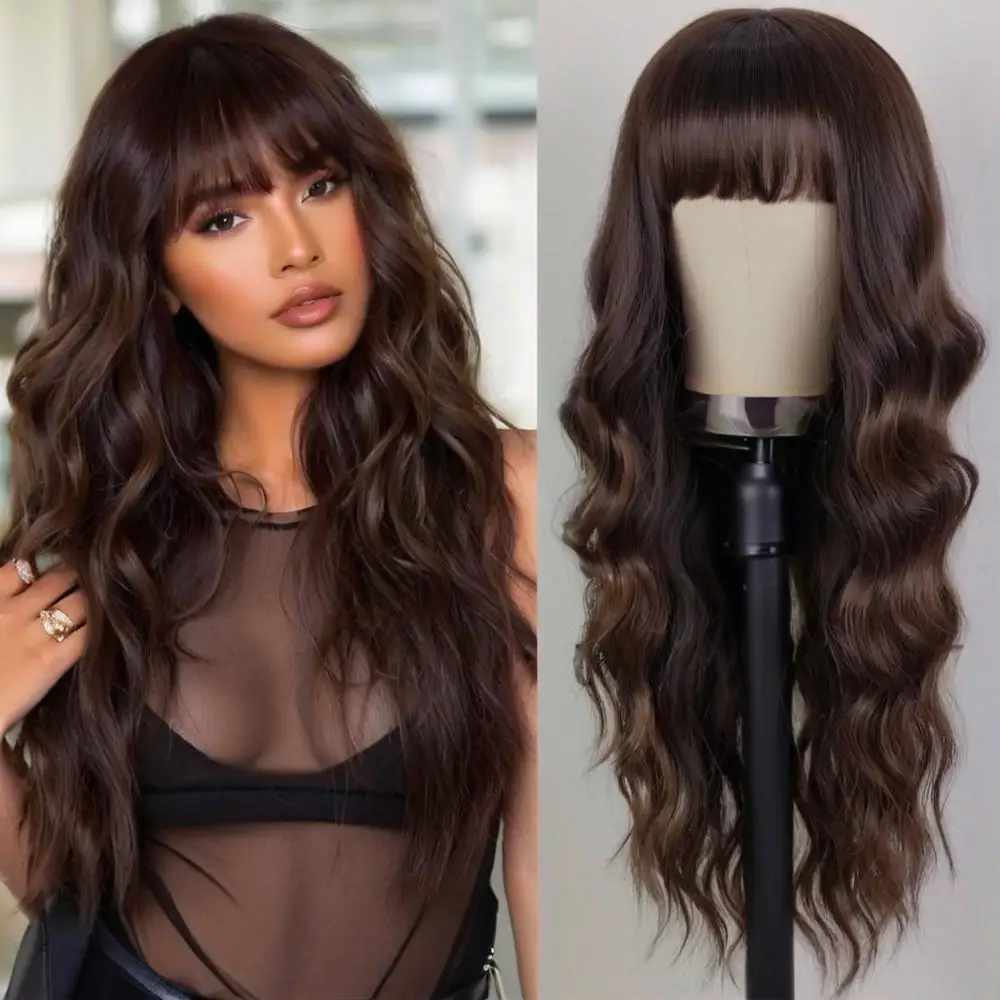 Women's long wavy curly hair waist-length wig, cold brown synthetic hairpiece for women