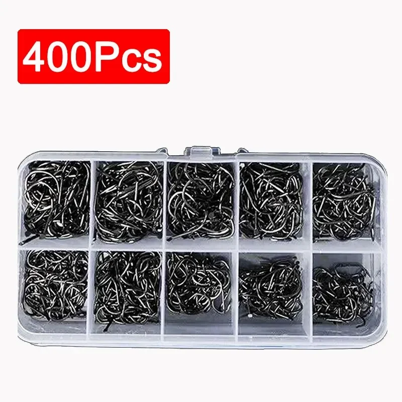 400Pcs High Carbon Steel Fishing Hooks Wide Gap Offset Jip Barbed Carp Fishing Hook Set for Saltwater Freshwater with 10 Sizes