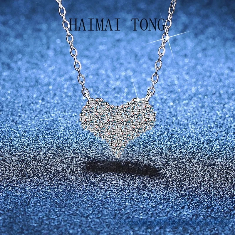 

HAIMAITONG PT950 platinum full of moissanite necklace T home love Japan and Korea light luxury high sense versatile simple moiss