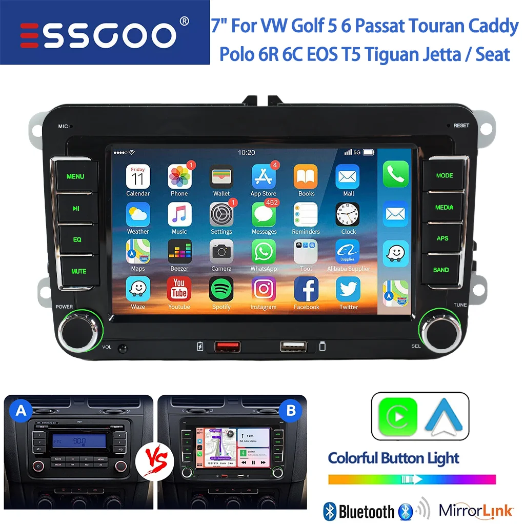 ESSGOO 7-Zoll-Wince-Autoradio mit kabellosem Carplay und Android Auto für VW Golf 5 6 Polo T5 Touran Passat Caddy T5, Mirrorlink, AM/FM, Bluetooth, USB