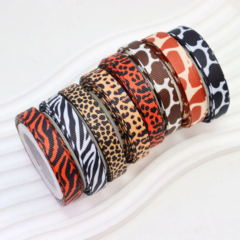 3/8\'\' 9mm Leopard Zebra Cow Printed Polyester Grosgrain Ribbon For Hairbow Accessory Material DIY Decoration