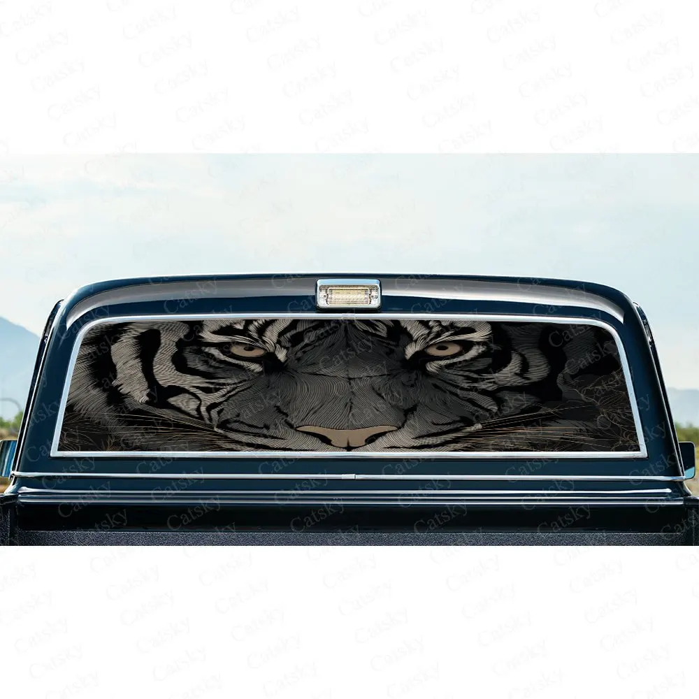 Car Decal with Monochrome Dynamic Textured Fierce Tiger Front Face, Car Rear Window Sticker, Waterproof Self-Adhesive PVC Graphi