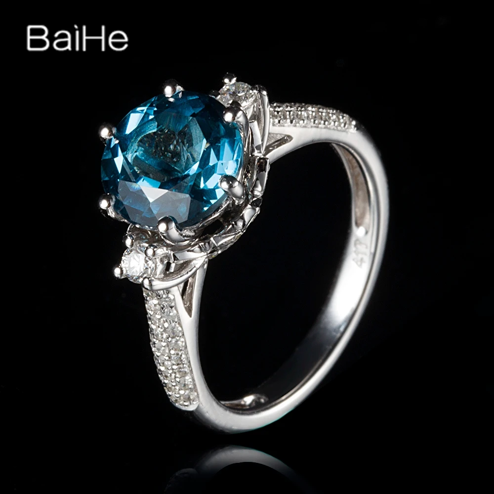 BAIHE Sterling Silver 925 2.6ct Flawless Round London Blue Topaz Ring Women MEN Fine Jewelry Making خاتم التوباز الأزرق Anneau