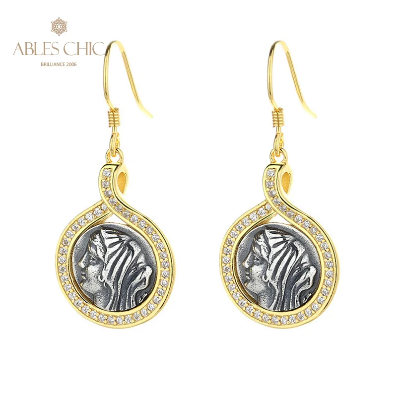 

Felicistes Queen of Syguria Greek Replica Silver Coins 18K Gold Two Tone Solid 925 Silver CZ Accent Drop Earrings E1074