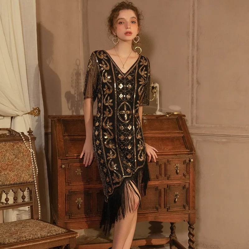 레트로 우아함 빈티지 럭셔리 성인 여성 불규칙한 스커트 스팽글 수 놓은 슬림 맞는 이브닝 가운 패션과 섹시한 여름 댄스