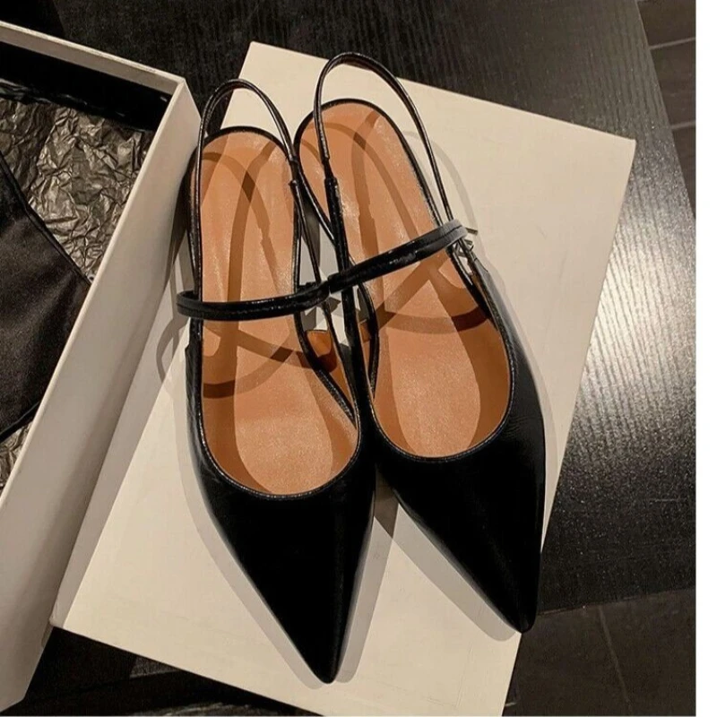 2024 New Baotou Patent Leather One line Buckle Strap Cat Heel Sandals Female Sexy Black Silk Pointed Thin Heel  Flat Shoes