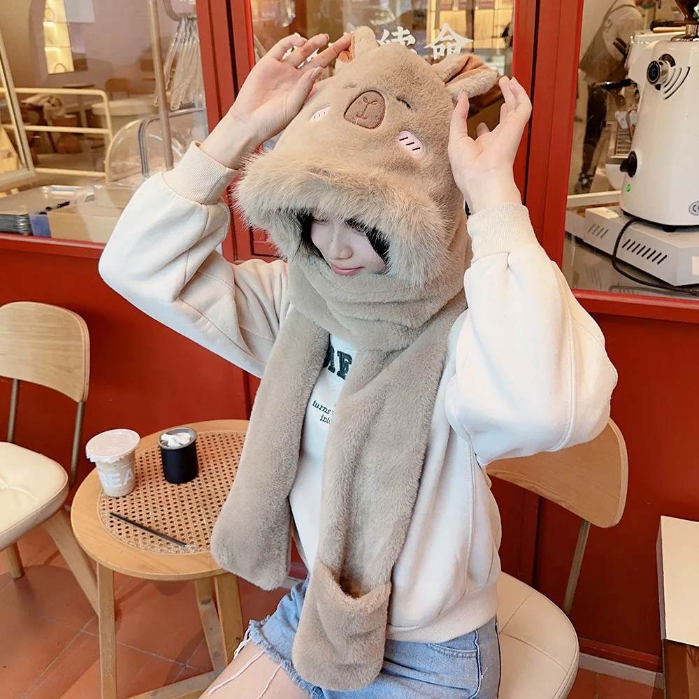 Faux Rabbit Hair Capybara Hat Scarf Gloves Set Korean Style Soft Plush Hooded Scarf Cartoon Windproof Big Pullover Hat Autumn