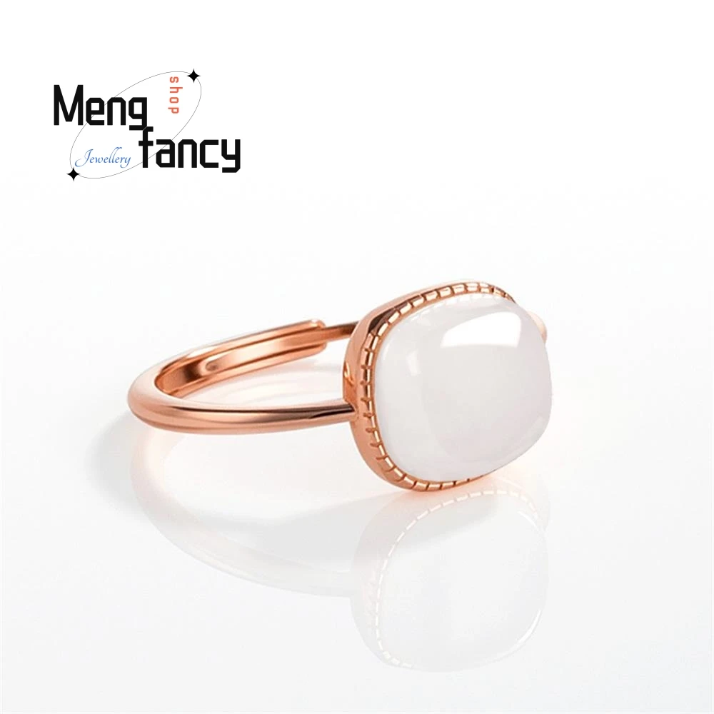 

Natural Hetian Jade White Jade Egg Jade Ring S925 Silver Plated Rose Gold Women's Ring Fashion Ring Adjustable