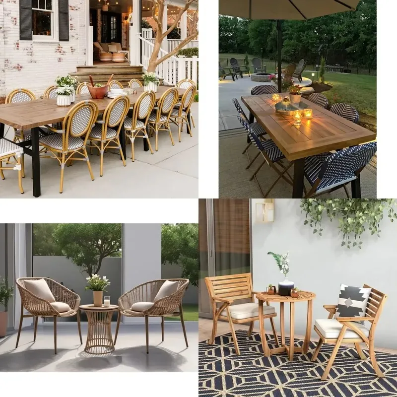 Modern retro style outdoor dining furniture, wood metal tables and chairs, aluminum frame, suitable for outdoor use