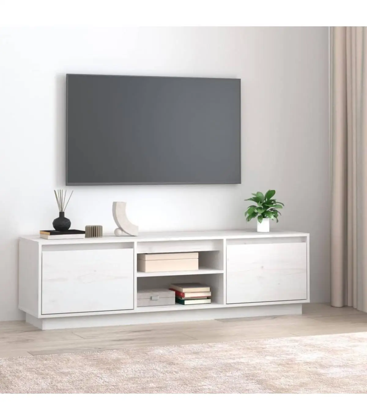 TV furniture TV cabinet solid pine wood White 140x35x40 cm