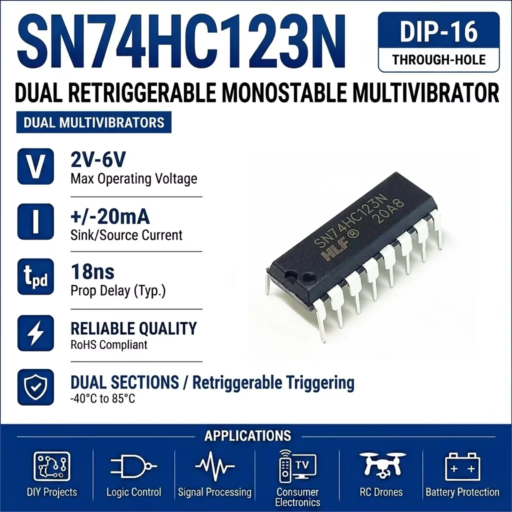 (10 pcs) SN74HC123N DIP-14 74HC123N Dual Retriggerable Monostable Multivibrator 2V-6V