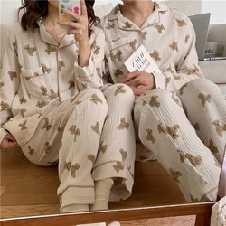 Couple Lovers Kawaii Cotton Autumn Pajamas Set Women Korean Casual Cotton Two Piece Set Home Suit Sleepwear Pockets Vintage