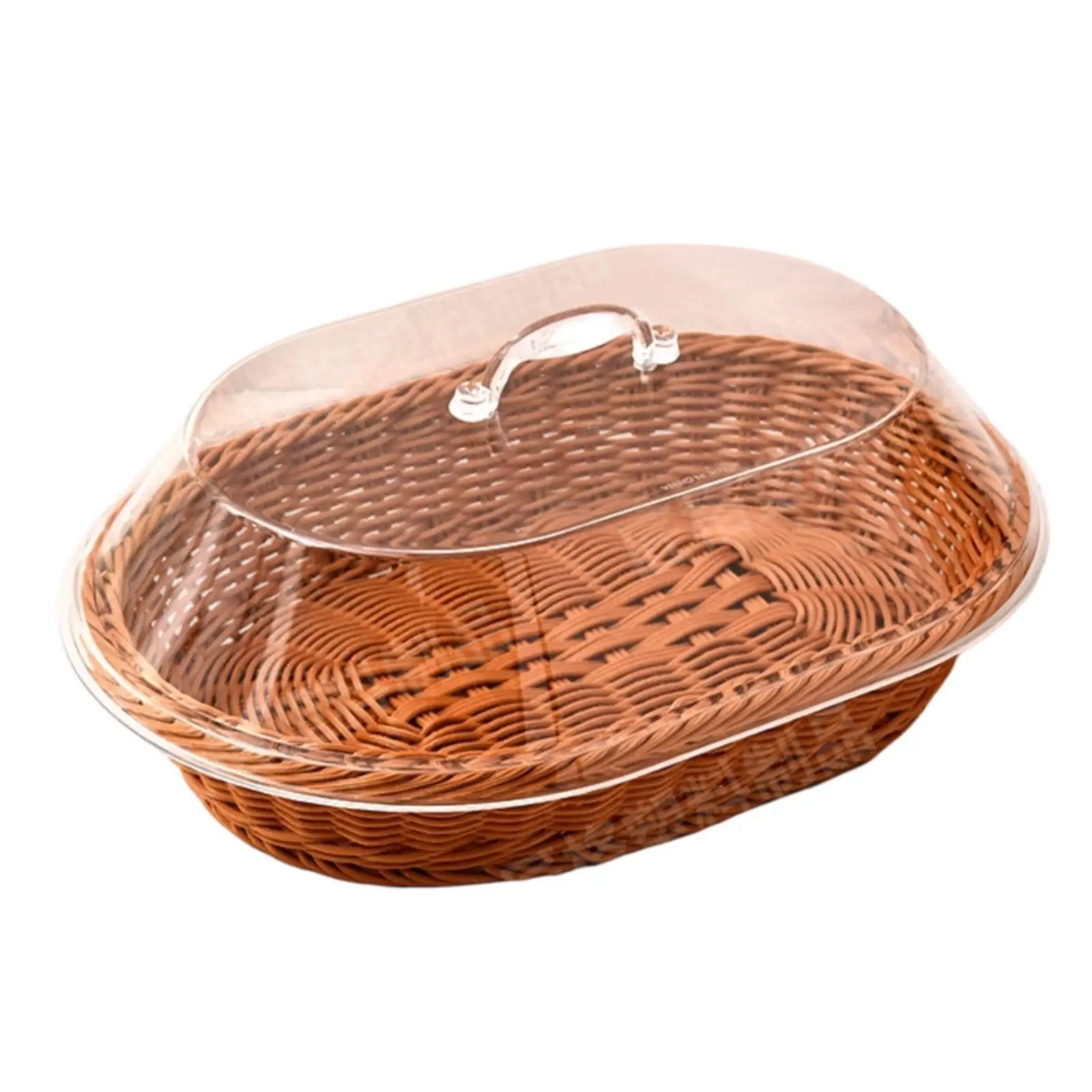 Oval Acrylic Serving Tray Woven Rattan Style Bread Basket Clear Lid Fruit Display for Home Cafe