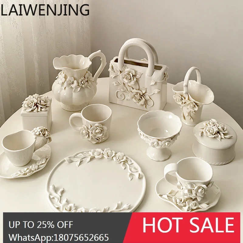 MJY Light Luxury Style Embossed Camellia Ceramic Vase Ornament Home Display Plate