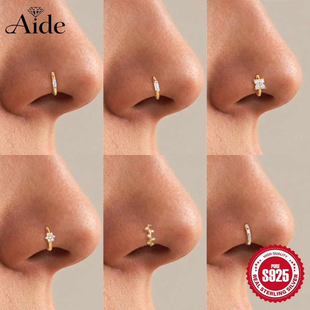 AIDE 925 Sterling Silber Blumen-/Quadrat-Zirkonia für Damen, exquisite Huggies-Knorpel-Helix-Piercings, Nasen-, Ohr- und Knochenpiercings