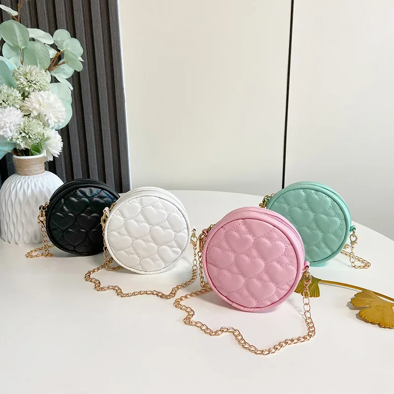 

Korean Children Pink PU Leather Shoulder Bag Baby Girls Mini Round Coin Purse Handbags Princess Chain Crossbody Bags Kids