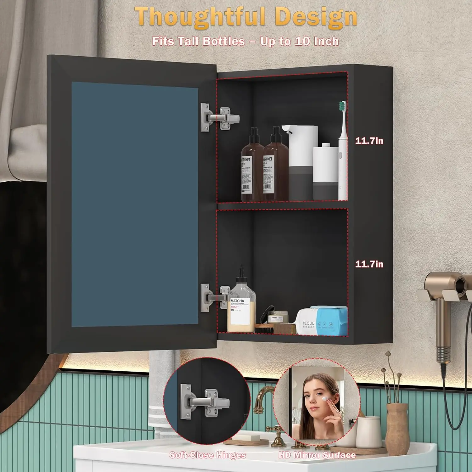 خزانة أدوية حمام صغيرة سوداء مع مساحة تخزين، خزانة ذات مرآة مثبتة على السطح أو مجمعة مسبقًا