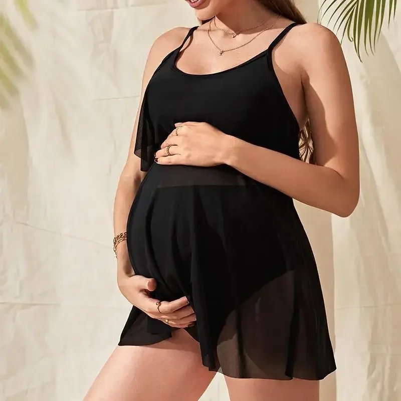 

Pregnant Women's Ruffle Swimsuit 2025 Solid Color Loose Belly Covering Mesh Split Bikini U-neck Suspender Backless Beachwear