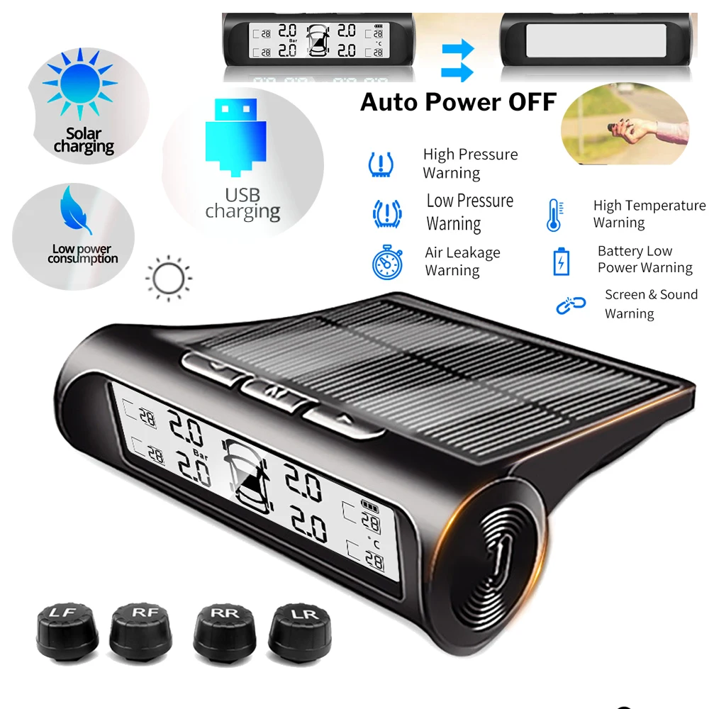 Car TPMS Tire Pressure Alarm Monitor System 4 External Sensors Temperature Warning Fuel Saving Attached Display Wireless Solar