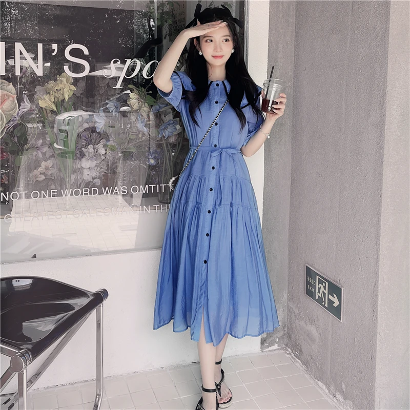 

Short Sleeve Single Breasted Bandage Dress for Women 2023 Summer Elegant Sweet Korean Style Slim Casual Long Shirt Dresses L320