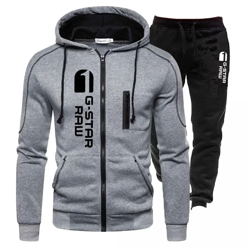 Men\'s Tracksuit Casual Jogging Suit Outdoor Set Zipper Hoodies + Black Sweatpant 2Pcs Spring Fashion New Printing Streetwear