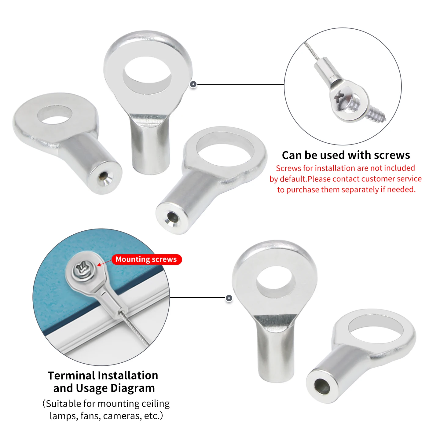 M6-M10 Stainless Steel Cable Terminal, 304 Stainless Steel Crimping Terminal for 1.5mm/2mm/3mm Steel Wire Rope