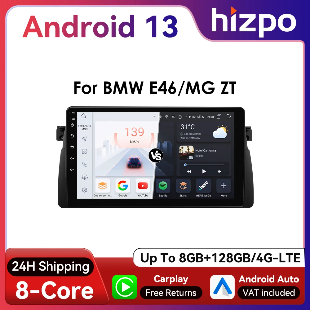 Hizpo 9inch CarPlay Android Auto Radio for BMW 3 Series E46 M3 318 320 325 330 335 1998 - 2005 BT 4G RDS DSP GPS Navigation