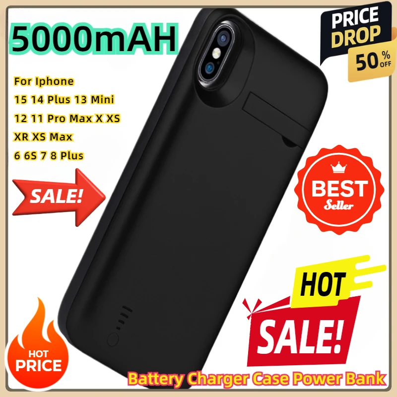 

Для Iphone 15 14 Plus 13 Mini 12 11 Pro Max X XS XR XS Max 6 6S 7 8 Plus Чехол для зарядного устройства Power Bank5000Mah Чехол для аккумулятора