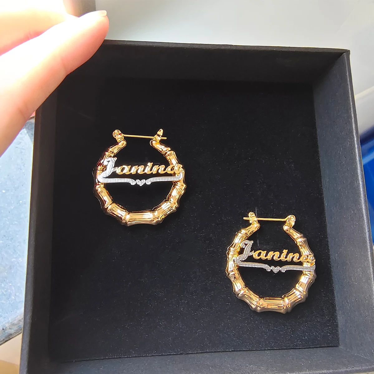 3D Double Color Stainless Steel Nameplate Hoop Earrings Custom Name 30mm Bamboo Earrings Jewelry Anniversary Gift For Women Kids