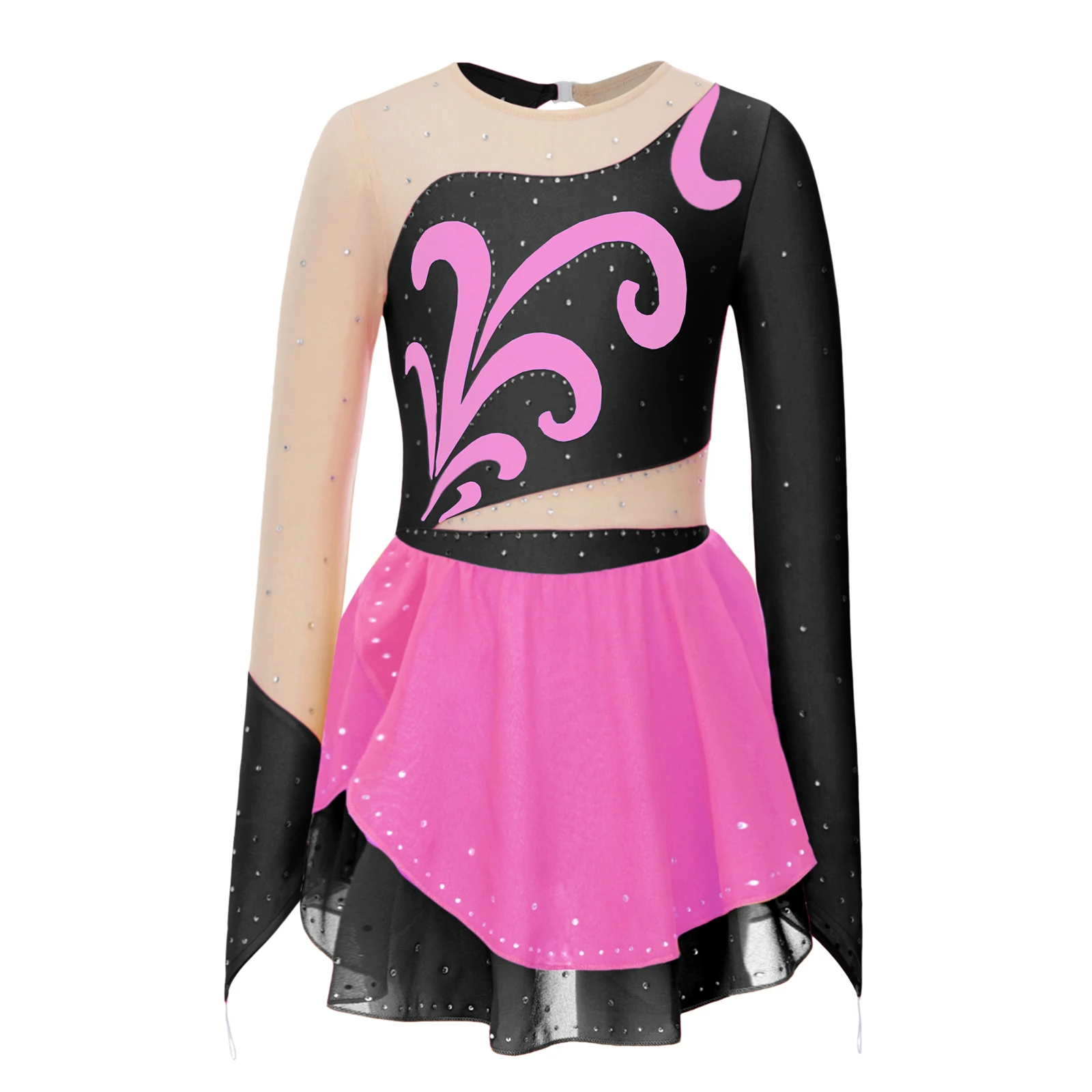 Children Shiny Rhinestone Ballet Skirted Leotard Dress Long Sleeves Mesh Patchwork Ice Roller Figure Skating Dress Dancewear