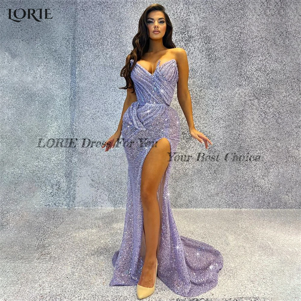 LORIE Sexy Glitter Mermaid Evening Dresses Luxury Shiny High Side Slit Pleats Celebrity Dress Backless Off Shoulder Party Gowns