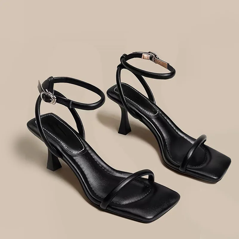 Black Ankle-Strap Buckle Sandal Summer Square Toe Ladies Stiletto High Heel Shoes Sexy Solid Thin Band Sandalias De Mujer Verano