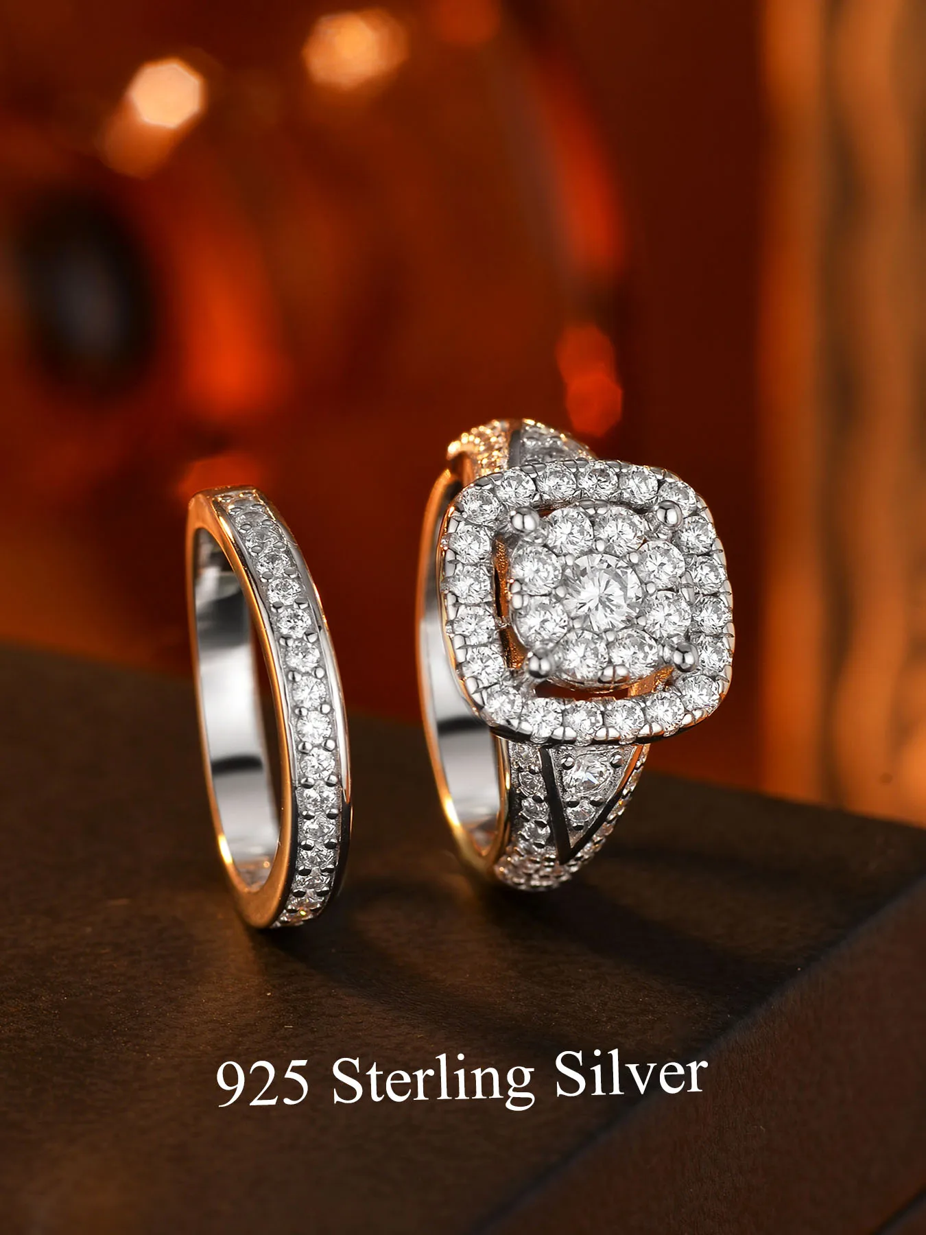 925 Sterling Silver Ten-ring Set, With Luxurious Princess Square Design, Two-piece Set, Suitable For Daily Wear, Weddings,