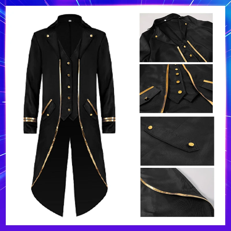 زي سهرة للهالوين للرجال ، جاكيت قوطي ، معطف خلفي عتيق من القرون الوسطى ، زخرفة ذهبية ، حفلة تنكرية ، Steampunk ، طويل ، تأثيري