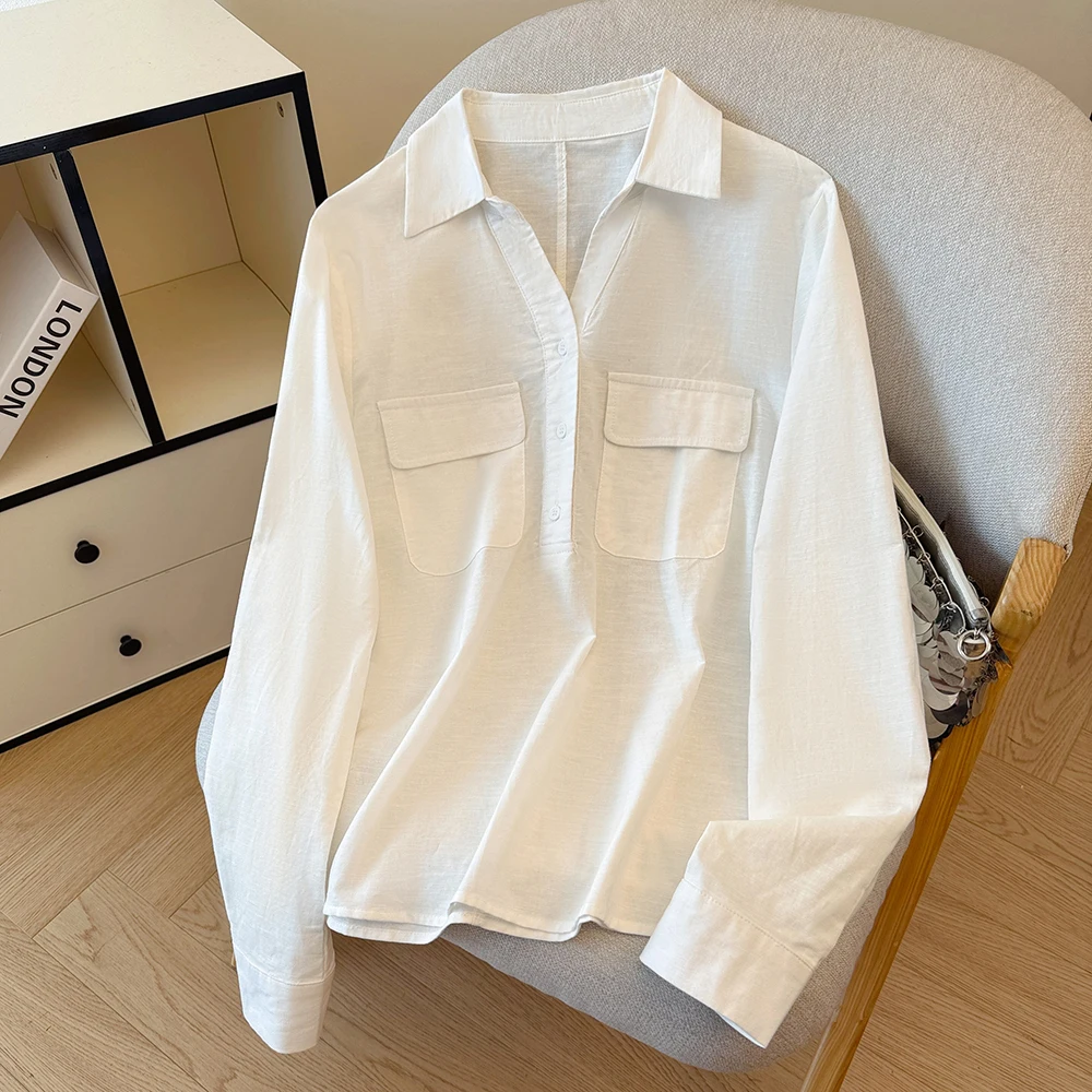 

White Loose Fit Long Sve irt Faionable Korean Sle Autumn New Arrival Women's Top Cotton Original Design Classic Look