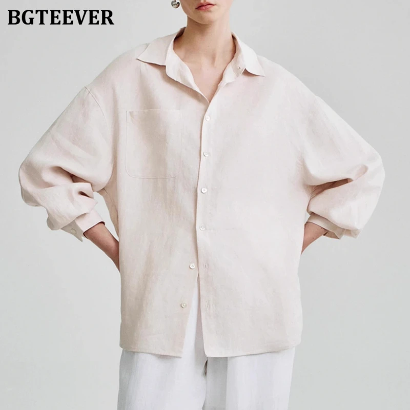 

BGTEEVER Casual Loose Cotton Linen Shirts for Women Spring Autumn Elegant Long Sleeve Lapel Female Blouses