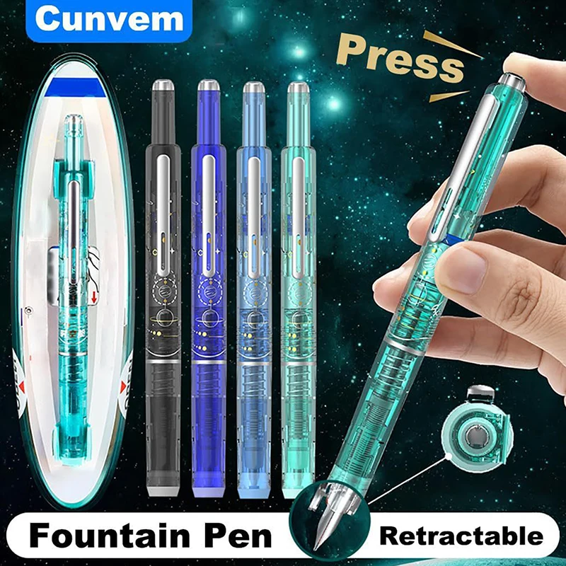Fountain Pen Retractable 0.38mmInk Medium Nib Transparent Barrel For Calligraphy Includes 5 Refillable Ink Cartridges 1 Pen Case