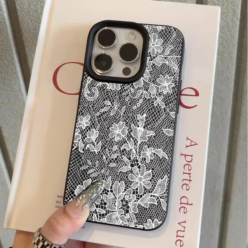 Custodia Morbida in Silicone Bianca con Motivo a Pizzo e Texture Litchi per iPhone 17 16 15 14 Plus 13 12 11 Pro MAX 17 Air