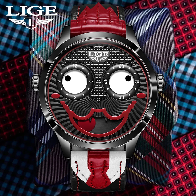 LUIK 2025 Cool Joker Horloges Voor Mannen Creatieve Clown Mode Heren Horloge Waterdichte Lederen Band Quartz Horloges Reloj Hombre