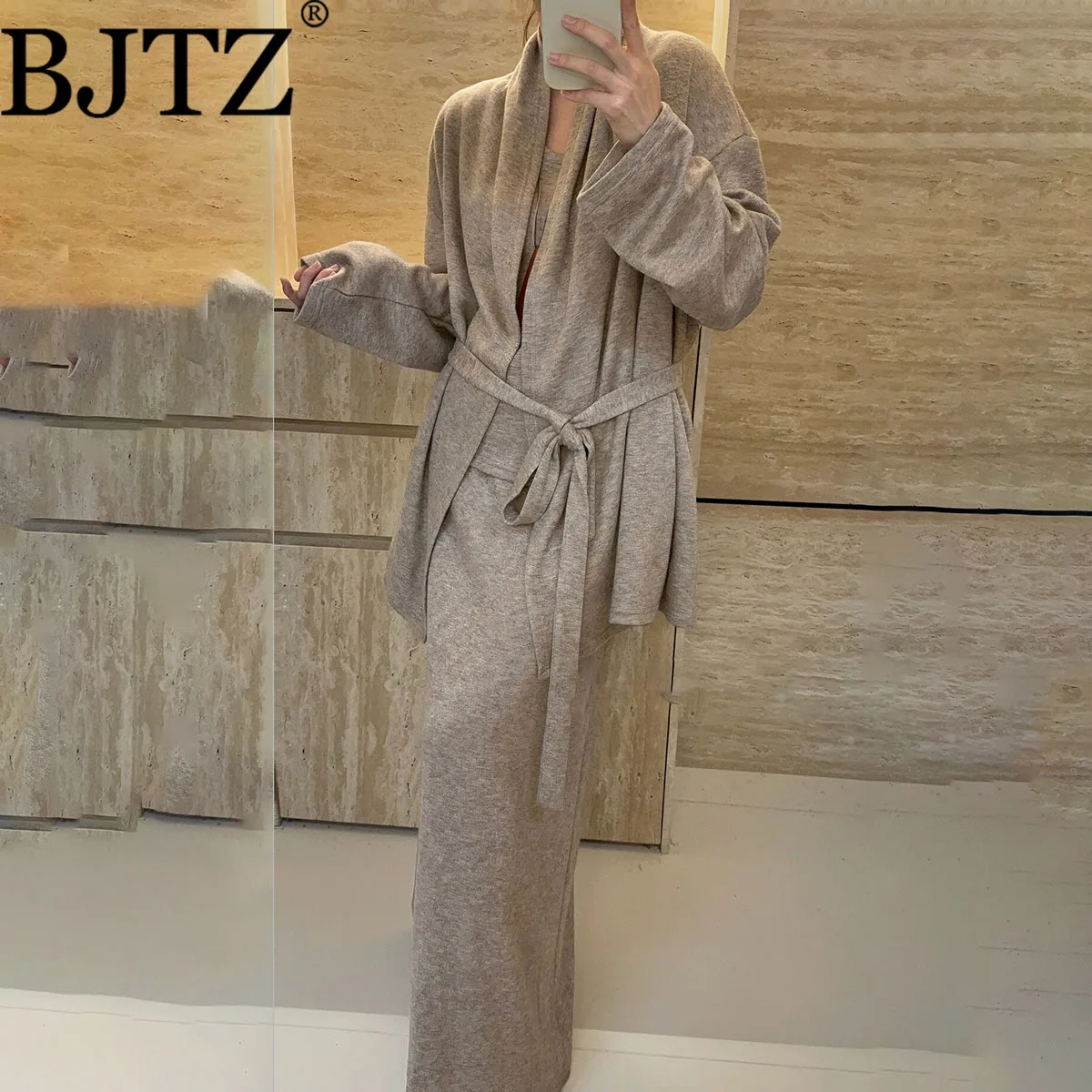 

BJTZ 2025: женская однотонная майка + вязаный кардиган большого размера + утягивающая юбка-миди с поясом, осенне-зимняя уютная одежда для отдыха