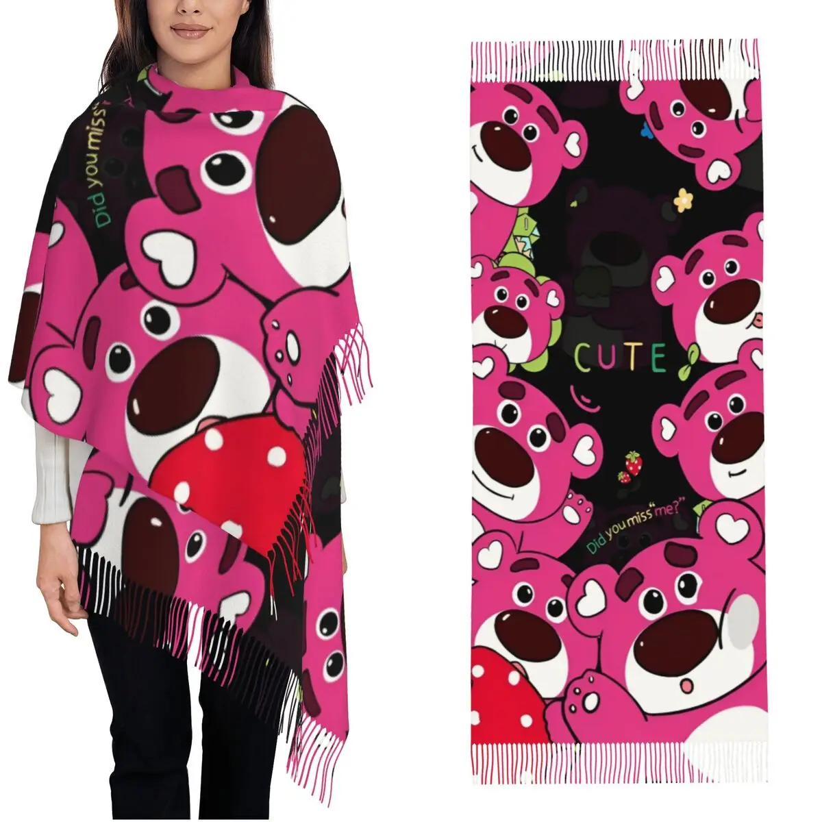 

Шаль Lotso с клубничным медведем для женщин, теплый большой длинный шарф, пашмины, шарфы с кисточками