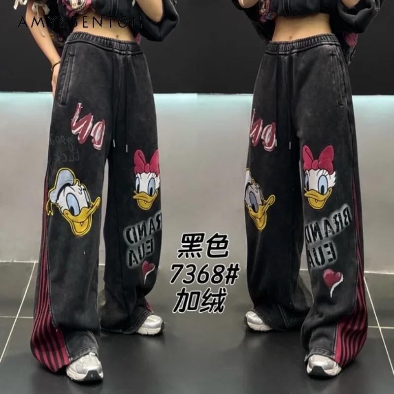 

European Style Winter Heavy Embroidery Letter Fleece-Lined Casual Pants For Women's Slimming Wide-Leg Trousers Kawaii Clothes